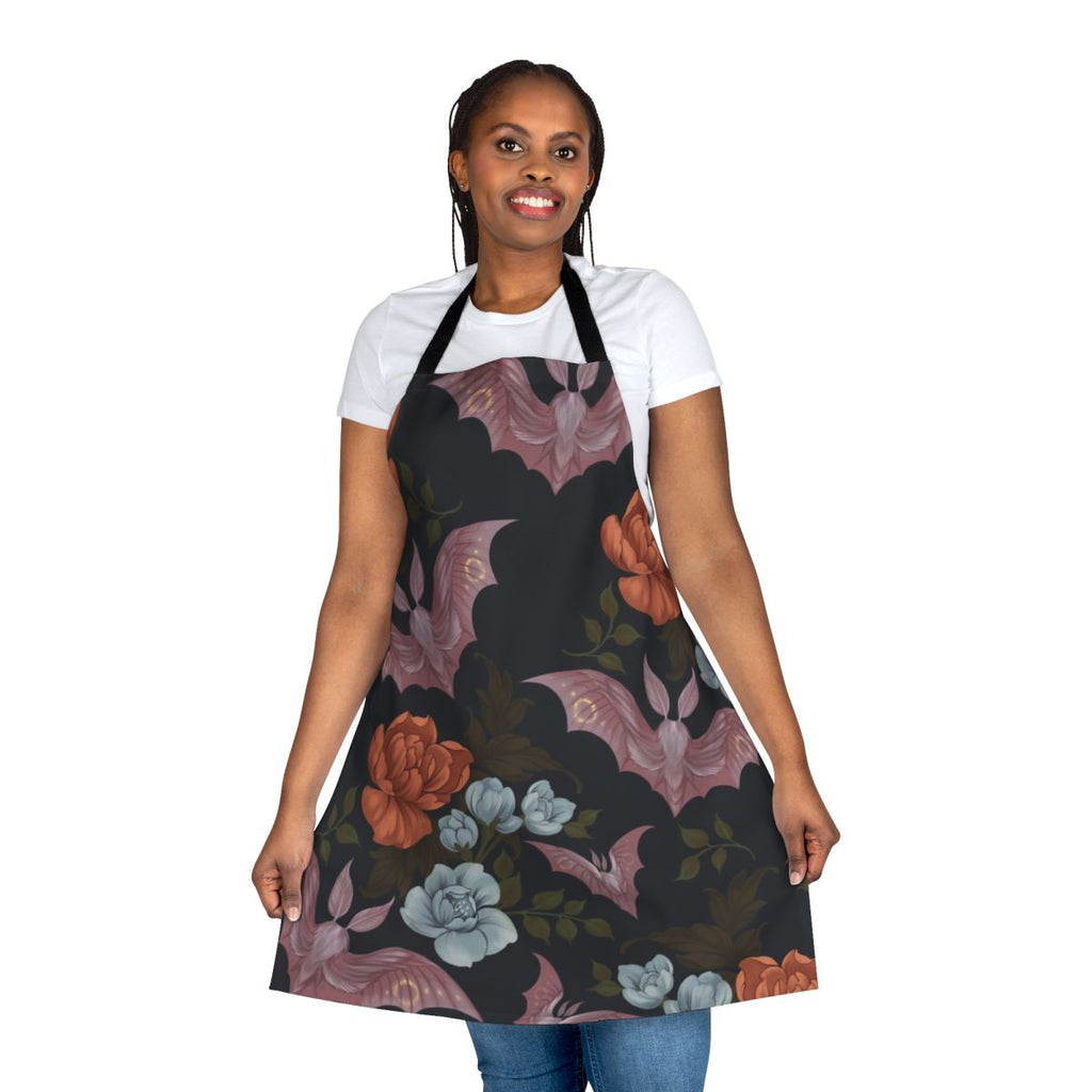 Vintage-inspired apron featuring a botanical print design of moths and night flowers