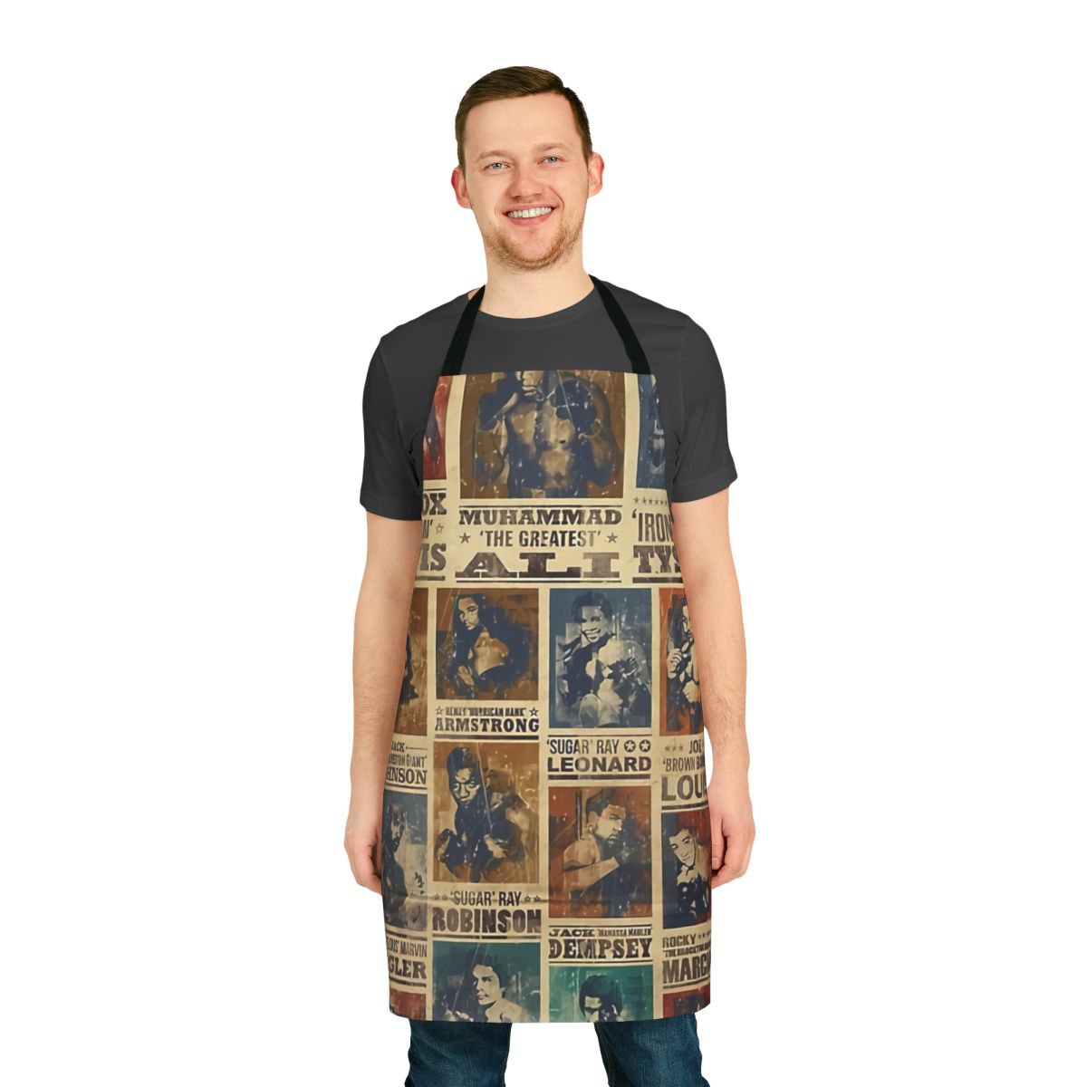 Retro boxing poster design printed on a high-quality kitchen apron for sports enthusiasts