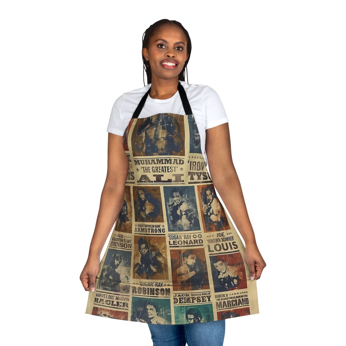 Retro boxing poster design printed on a high-quality kitchen apron for sports enthusiasts