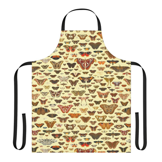 Vintage-style apron featuring a collection of colorful butterflies and moths in an old-fashioned nature print