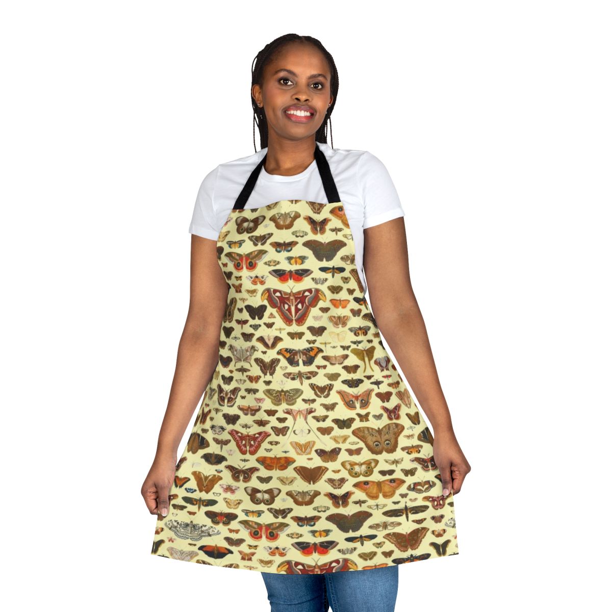 Vintage-style apron featuring a collection of colorful butterflies and moths in an old-fashioned nature print