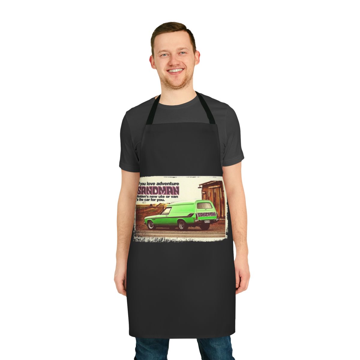 Vintage car inspired apron featuring a watercolor illustration of a Holden Sandman panel van