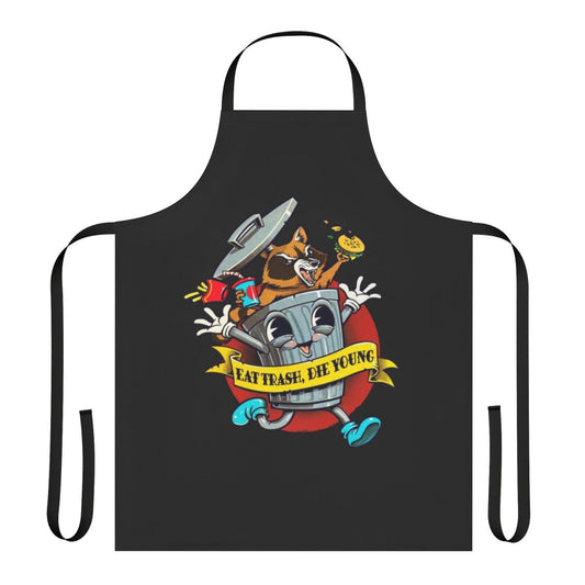 Vintage cartoon apron featuring a raccoon, trash can, and the text "Eat Trash Die Young"