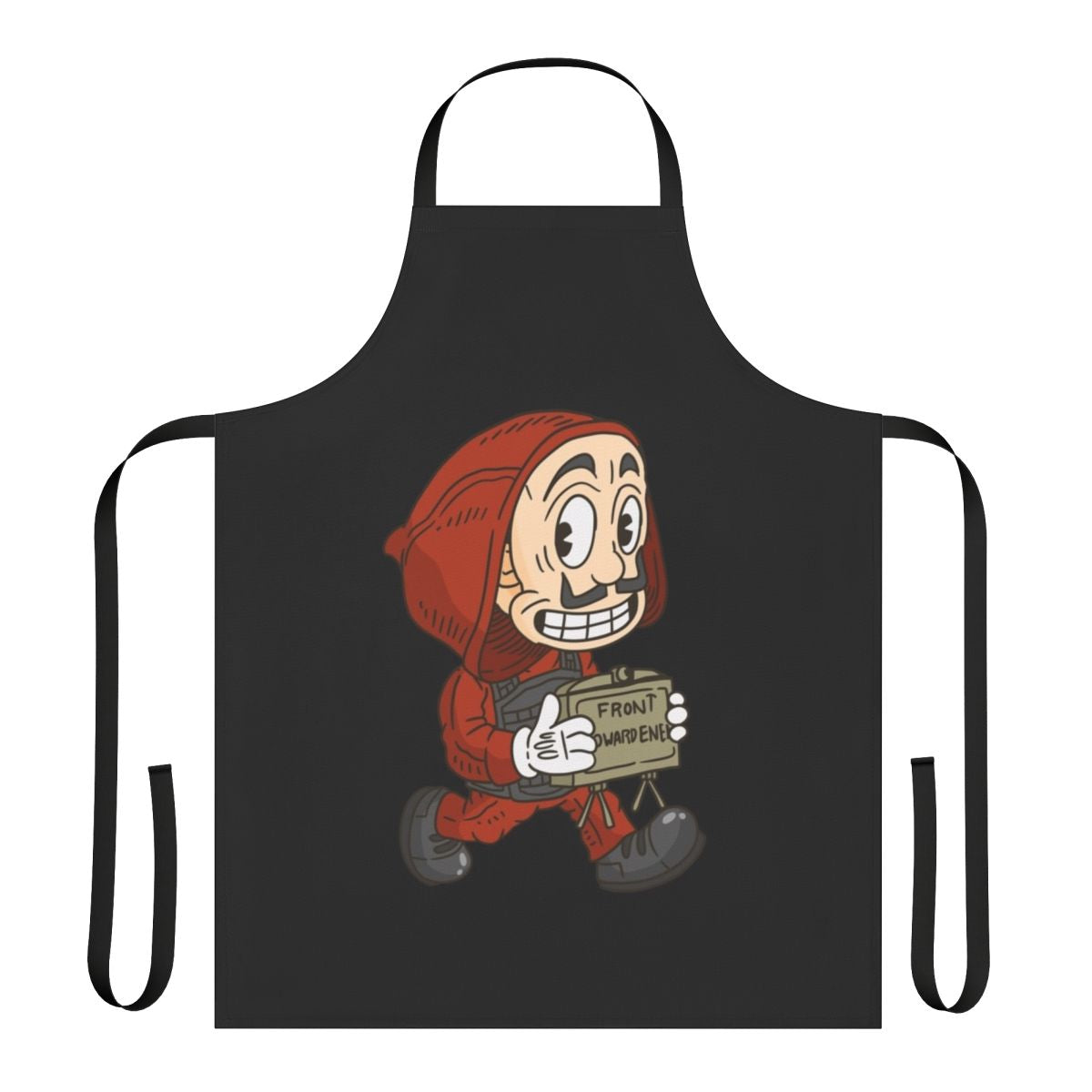 Vintage cartoon-style apron featuring Money Heist-inspired design