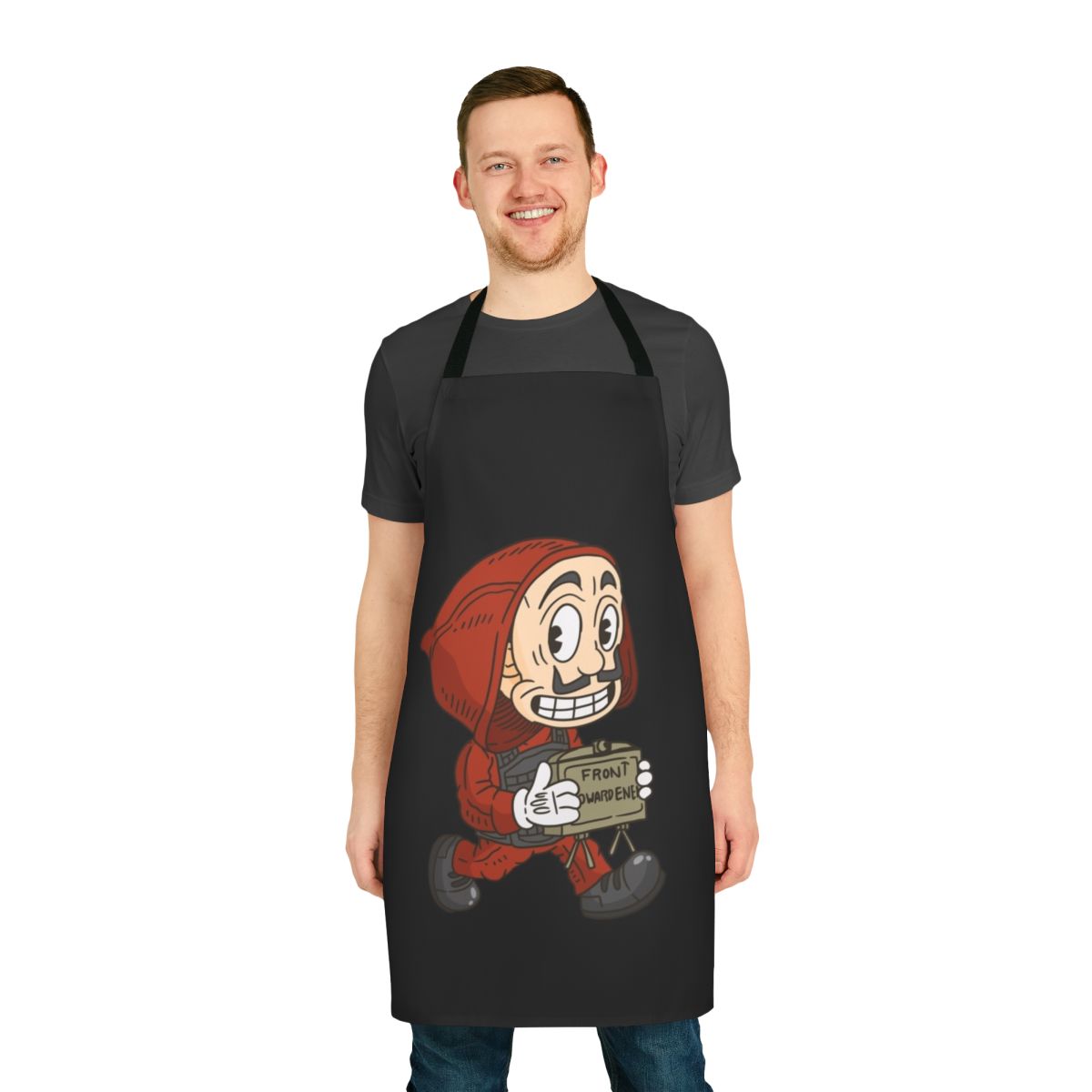 Vintage cartoon-style apron featuring Money Heist-inspired design