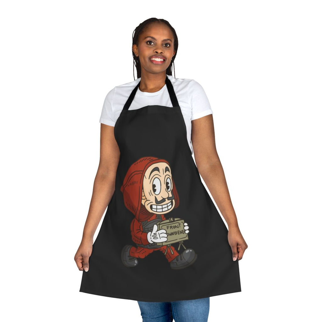 Vintage cartoon-style apron featuring Money Heist-inspired design