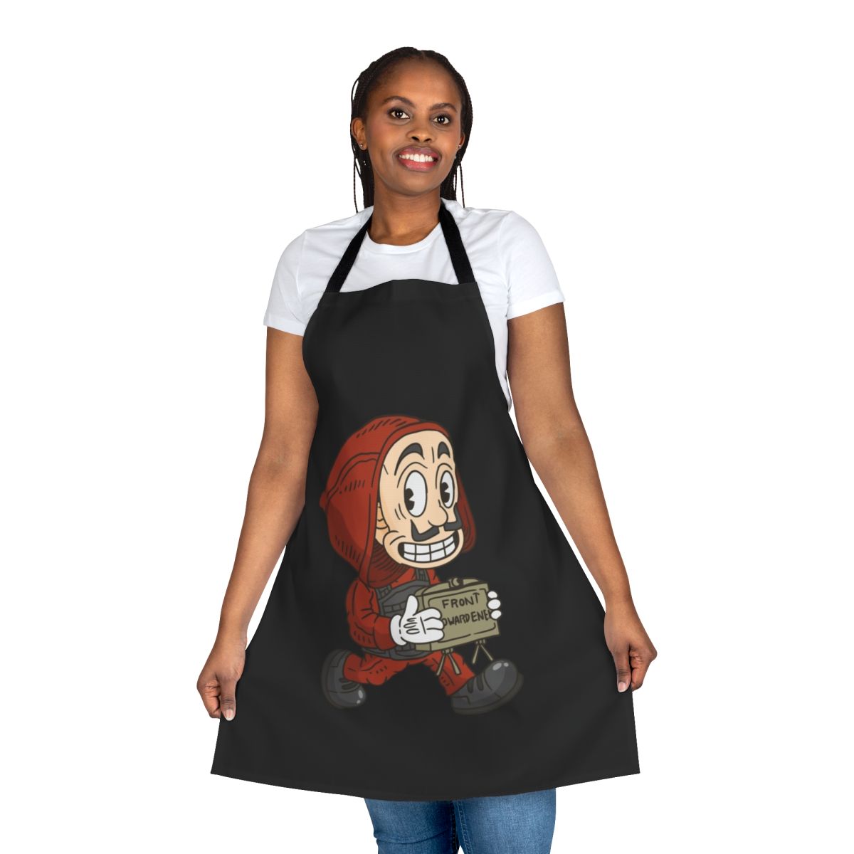 Vintage cartoon-style apron featuring Money Heist-inspired design
