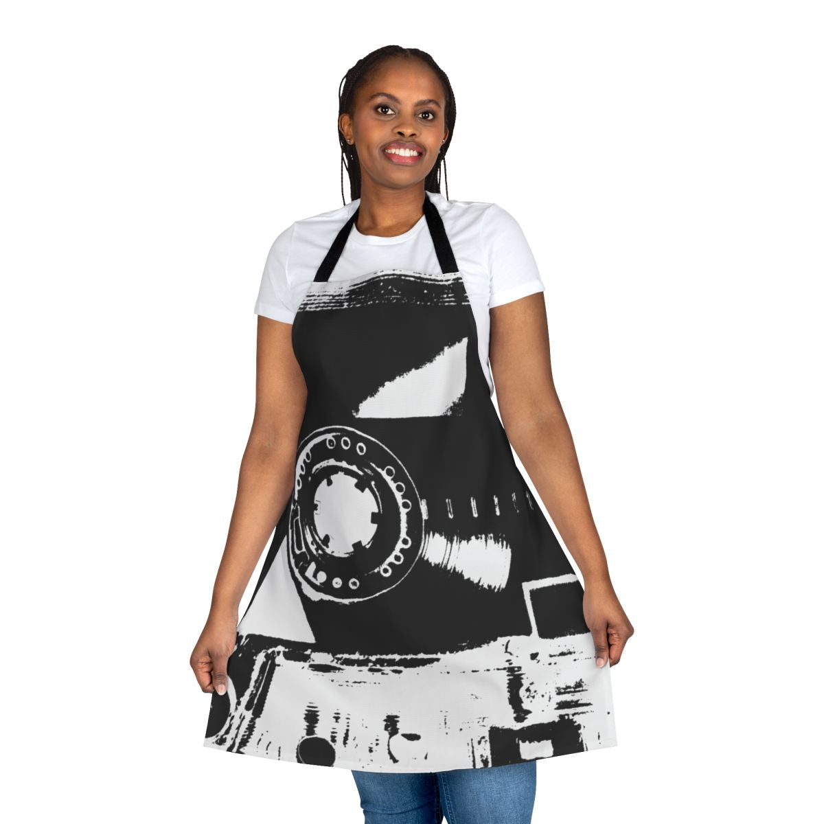 Retro cassette tape design printed on an apron