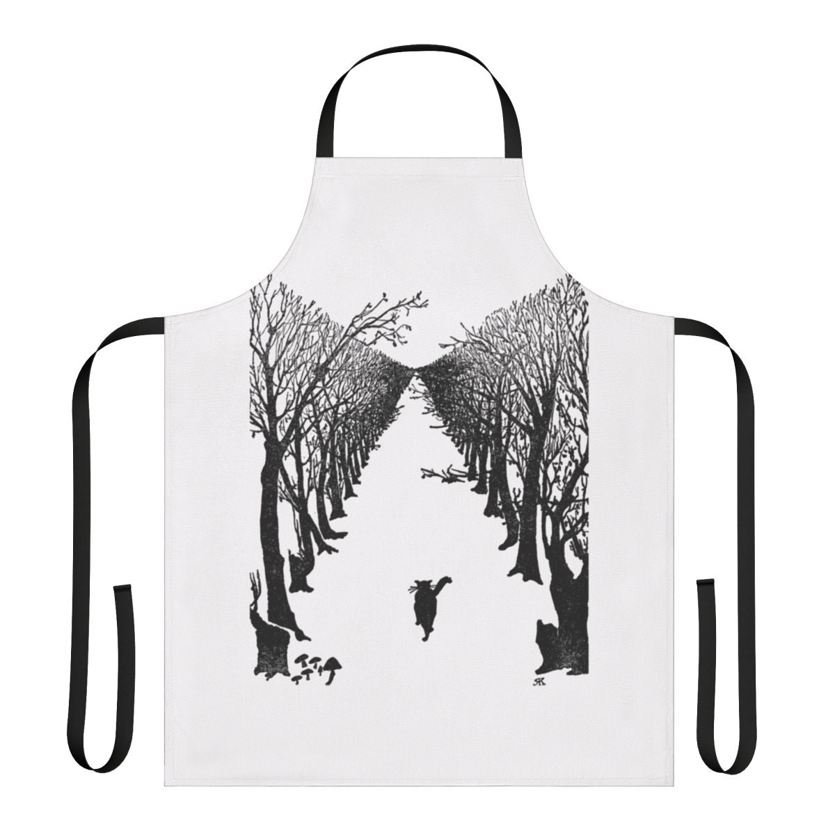 Vintage-style apron featuring a black cat walking in the snow, with a quote from Rudyard Kipling's "The Cat That Walked By Himself"