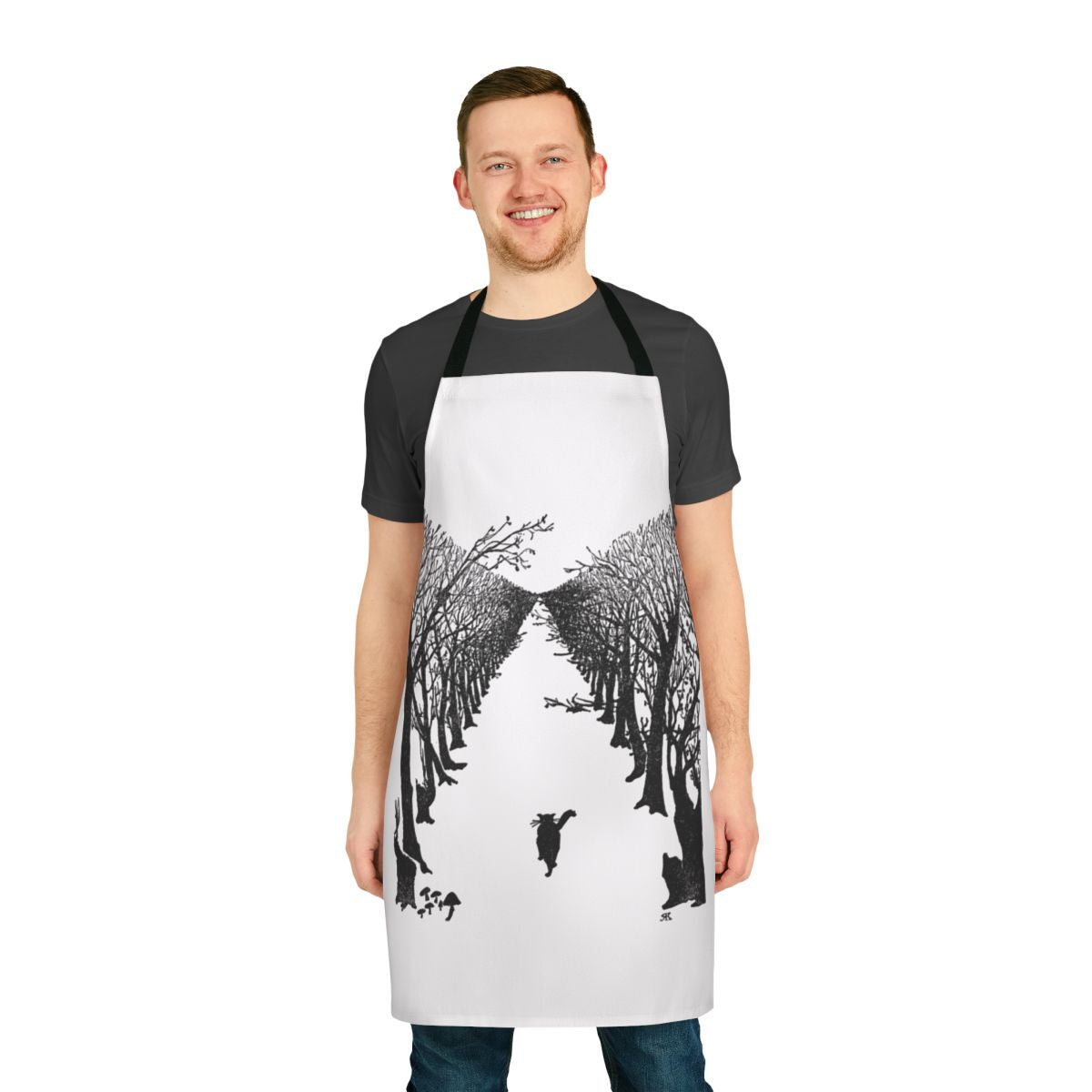 Vintage-style apron featuring a black cat walking in the snow, with a quote from Rudyard Kipling's "The Cat That Walked By Himself"