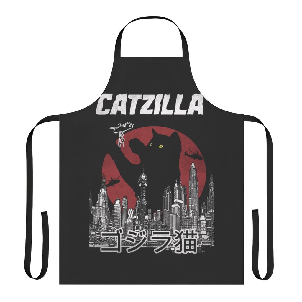 Vintage-style apron featuring a playful catzilla cat character design