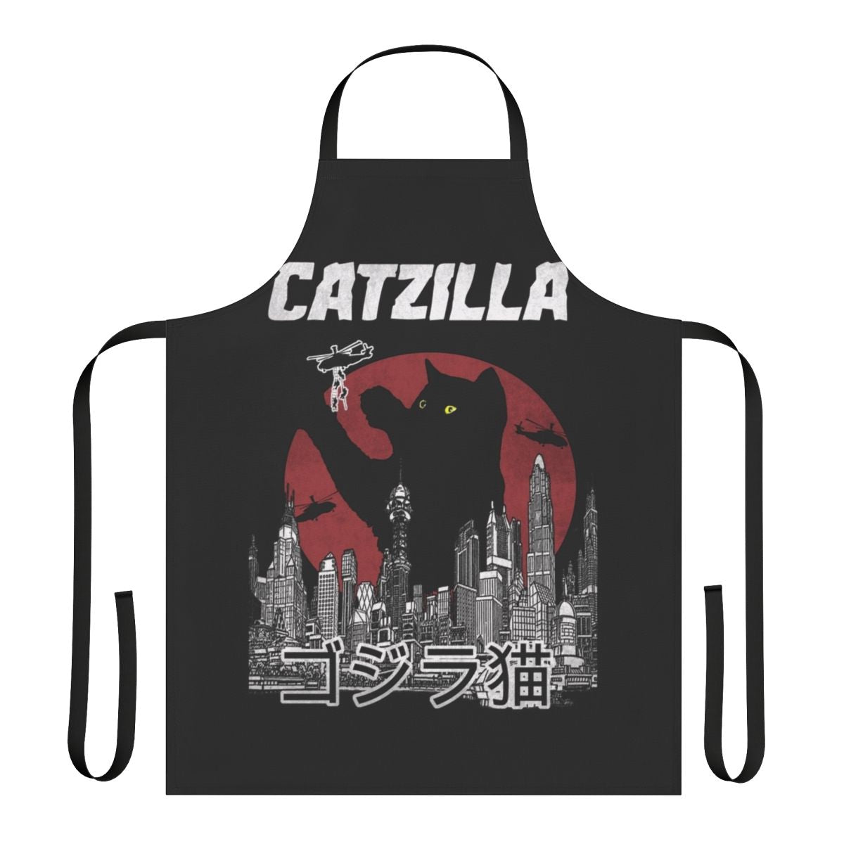 Vintage-style apron featuring a playful catzilla cat character design