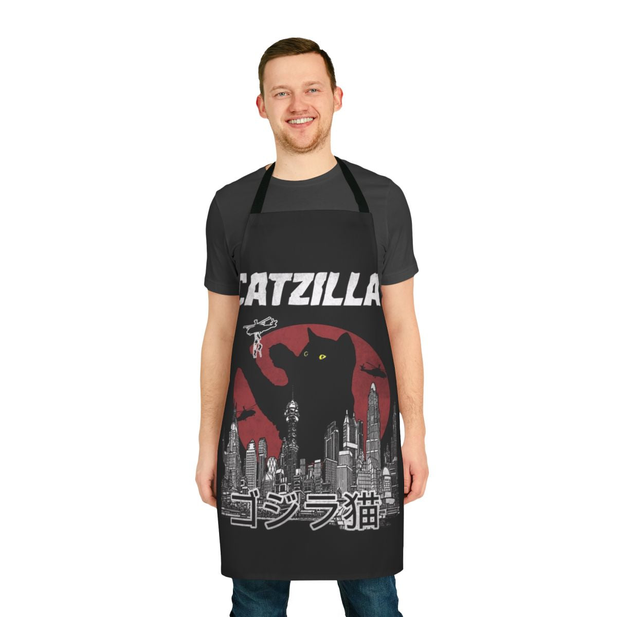 Vintage-style apron featuring a playful catzilla cat character design
