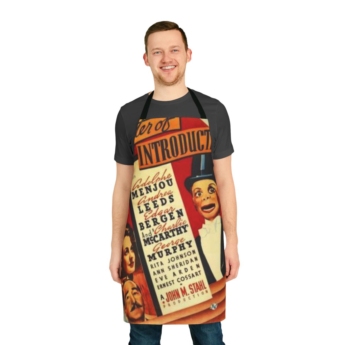 Vintage-inspired apron featuring the classic ventriloquist dummy, Charlie McCarthy