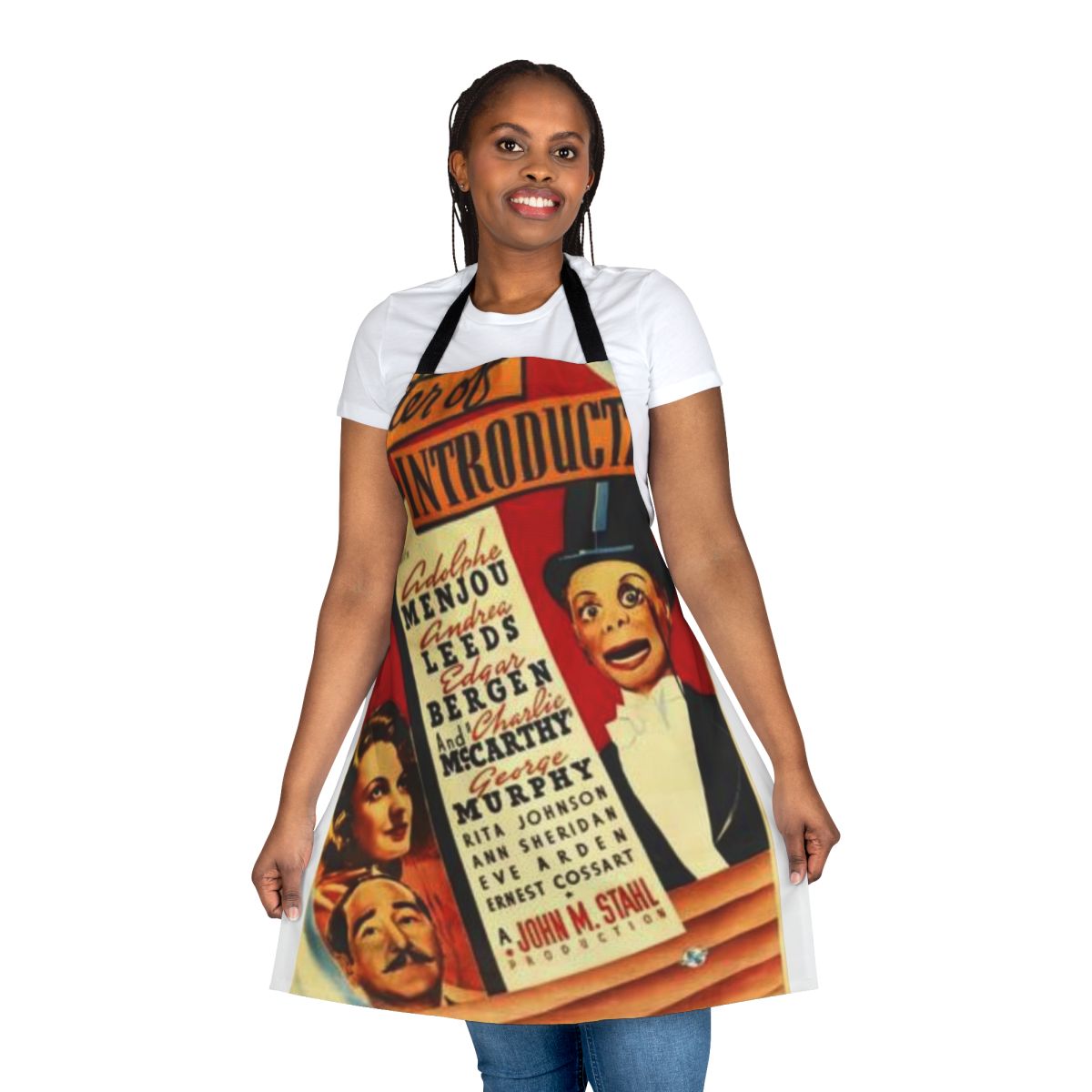Vintage-inspired apron featuring the classic ventriloquist dummy, Charlie McCarthy