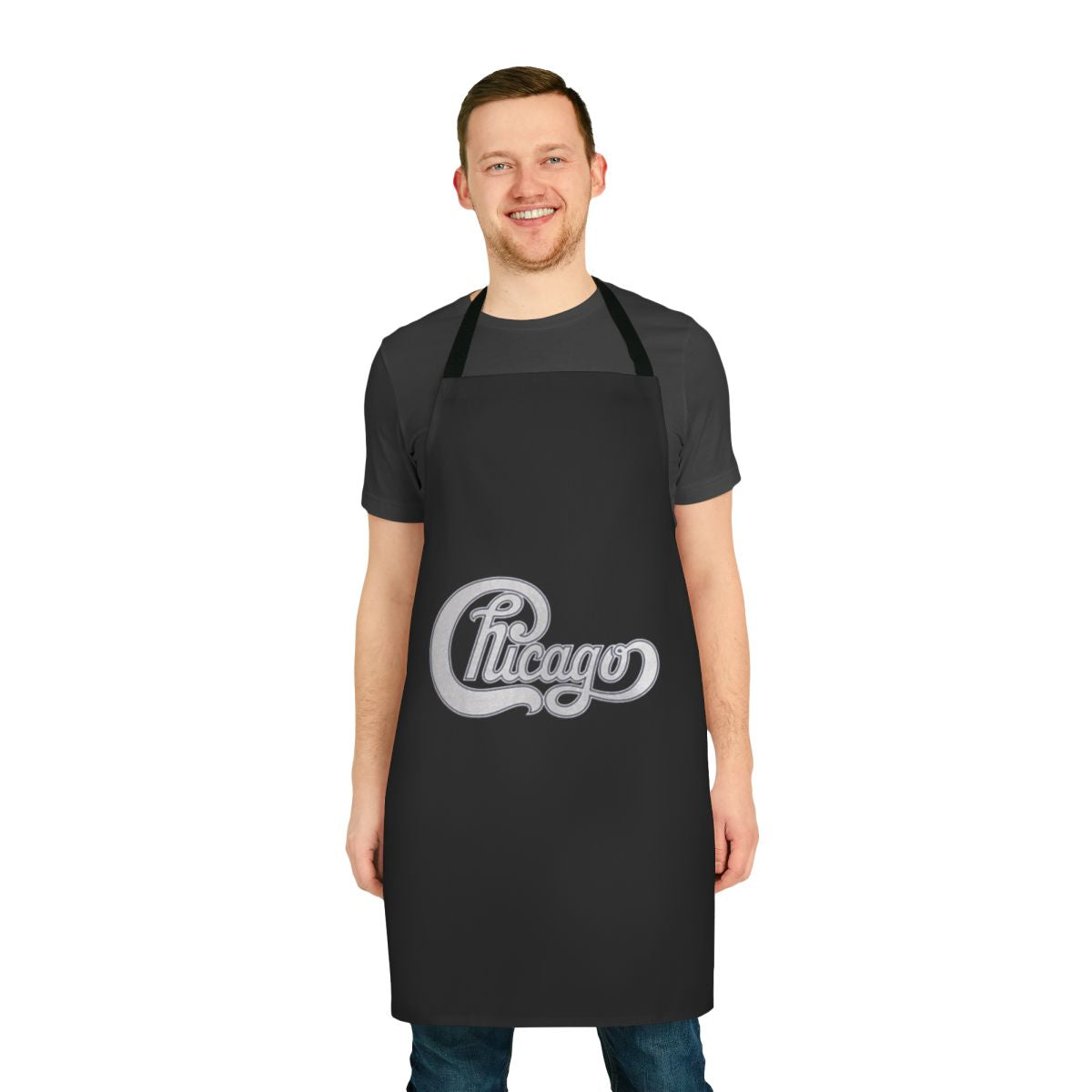 Vintage-style apron featuring a Chicago band logo and design