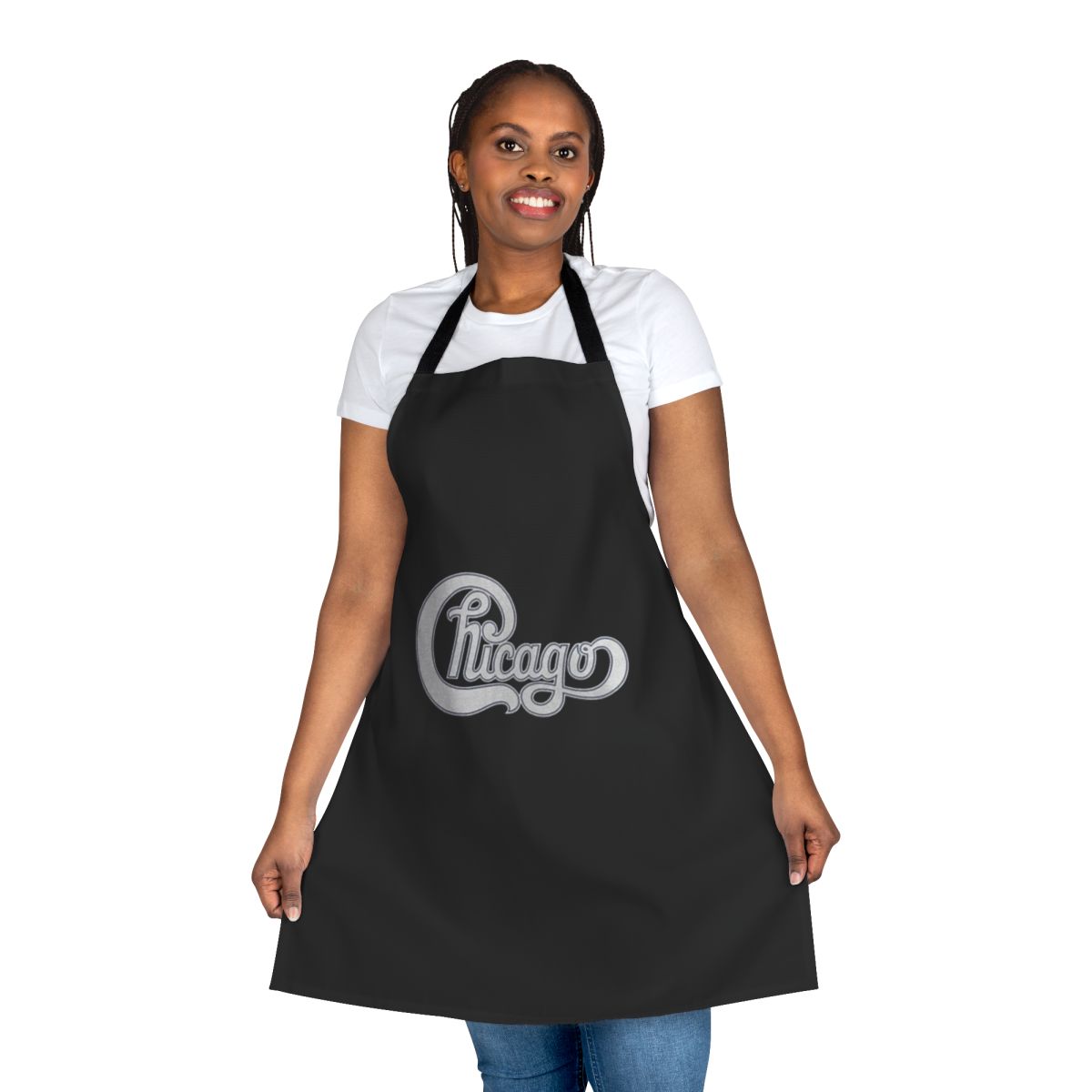 Vintage-style apron featuring a Chicago band logo and design