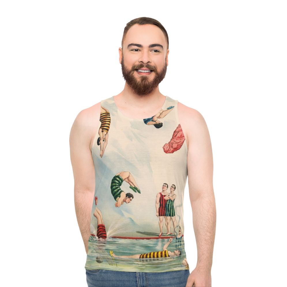 Vintage circus-inspired unisex tank top with colorful stripes