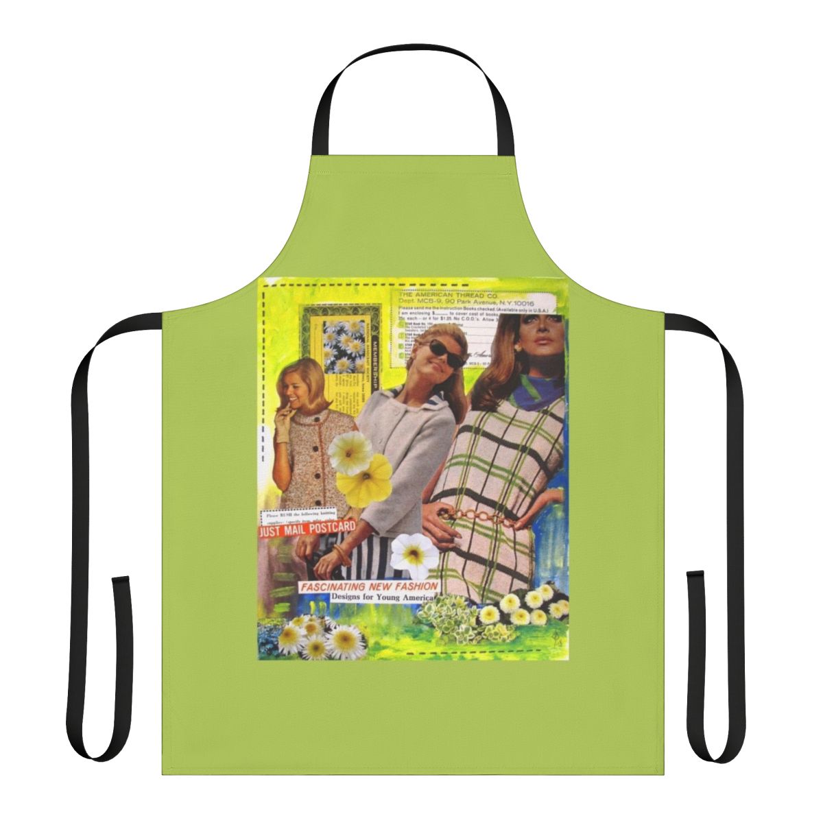 Vintage collage fashion apron with retro 60s 70s inspired design featuring old paper, models and fashion elements