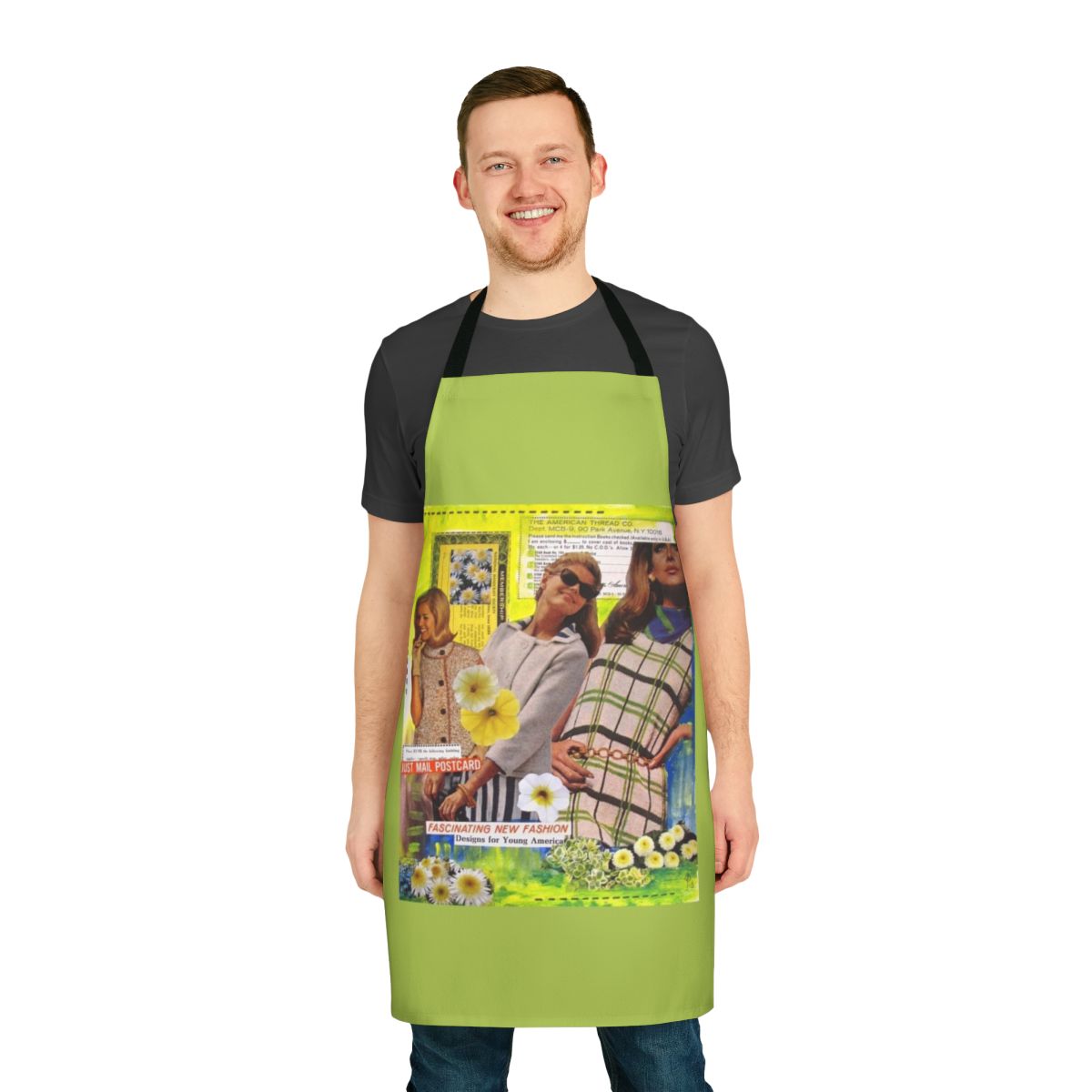 Vintage collage fashion apron with retro 60s 70s inspired design featuring old paper, models and fashion elements