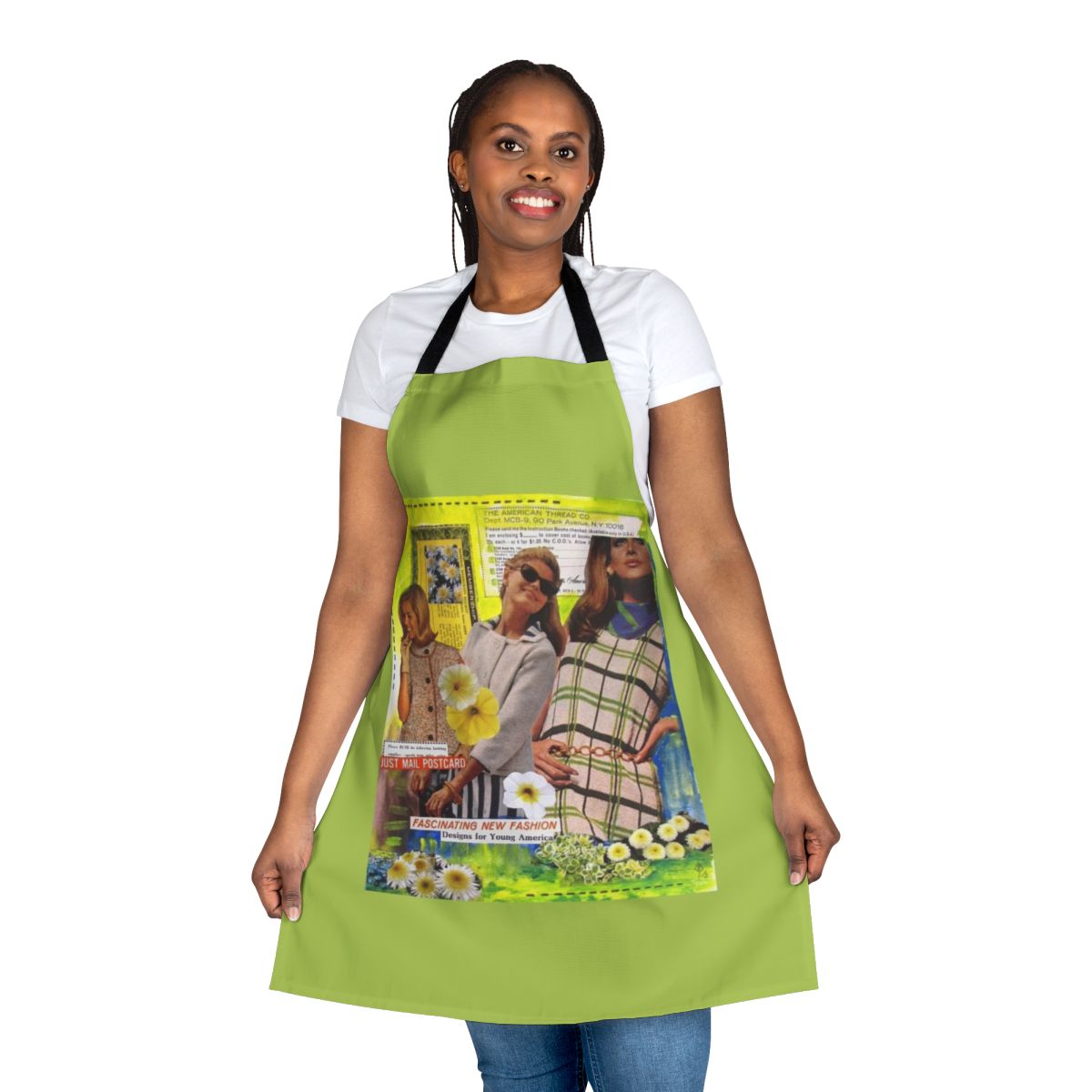 Vintage collage fashion apron with retro 60s 70s inspired design featuring old paper, models and fashion elements