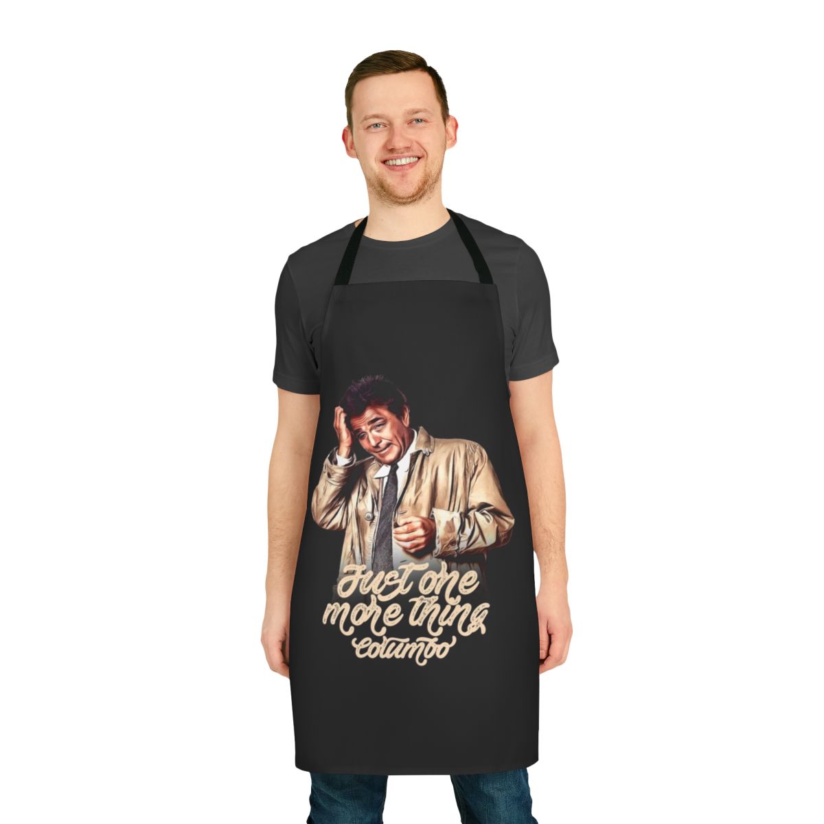 Vintage-style apron featuring the iconic character Columbo from the classic 1970s and 80s TV detective show