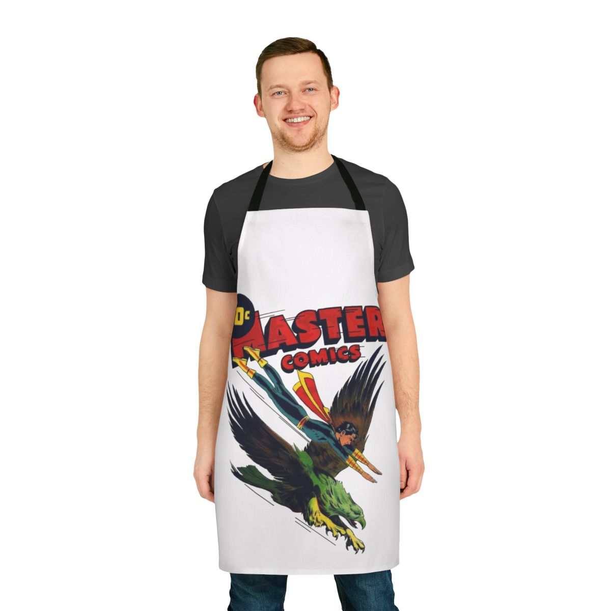 Vintage comic book cover art featuring classic superheroes printed on a durable apron for retro comics enthusiasts.