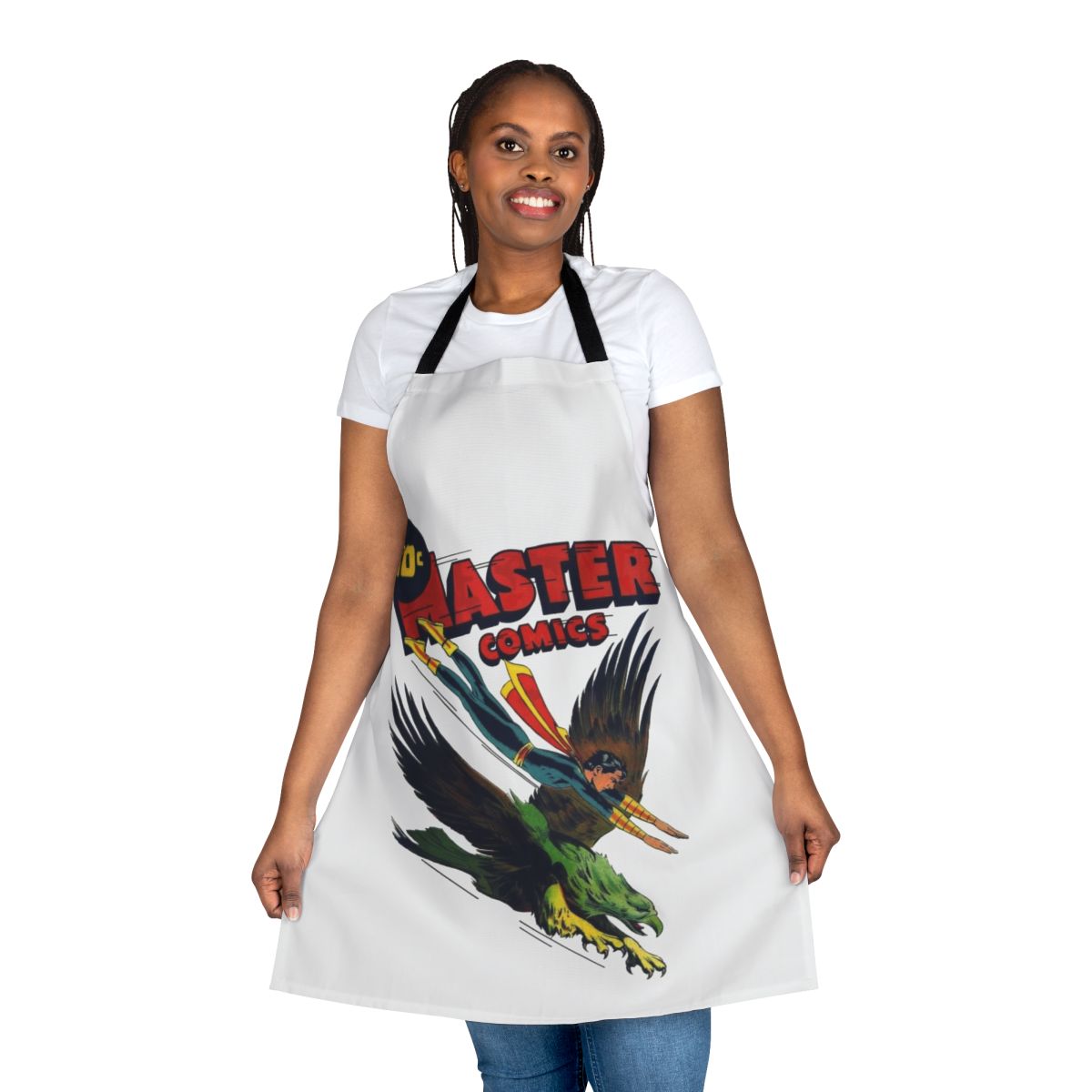 Vintage comic book cover art featuring classic superheroes printed on a durable apron for retro comics enthusiasts.