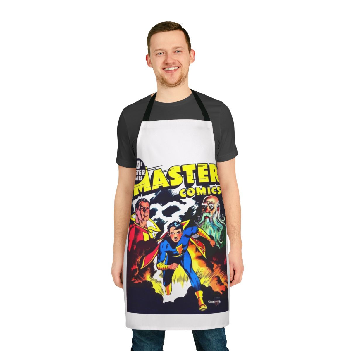 Vintage comic book apron featuring a retro superhero design for comic book fans and collectors