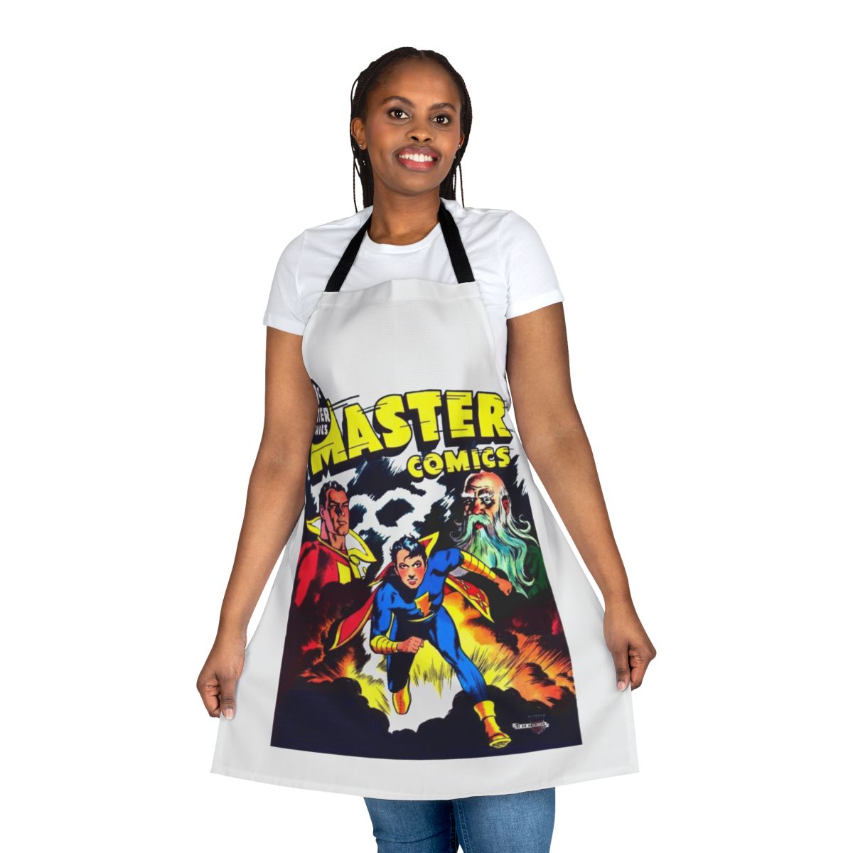Vintage comic book apron featuring a retro superhero design for comic book fans and collectors
