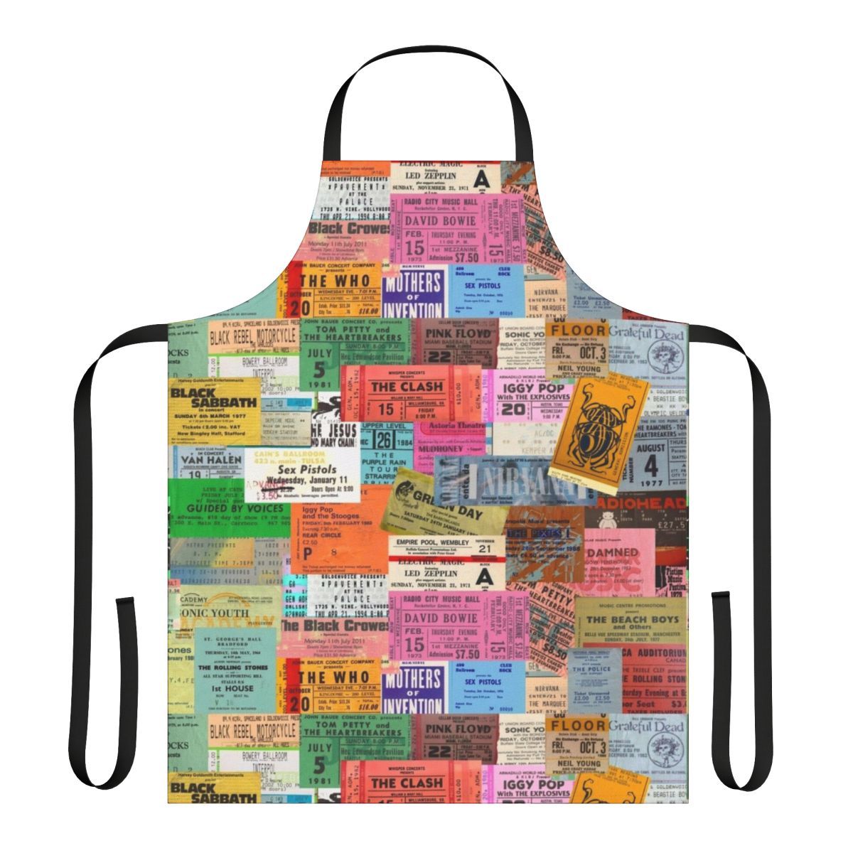 Vintage concert ticket stubs printed on an apron for music fans