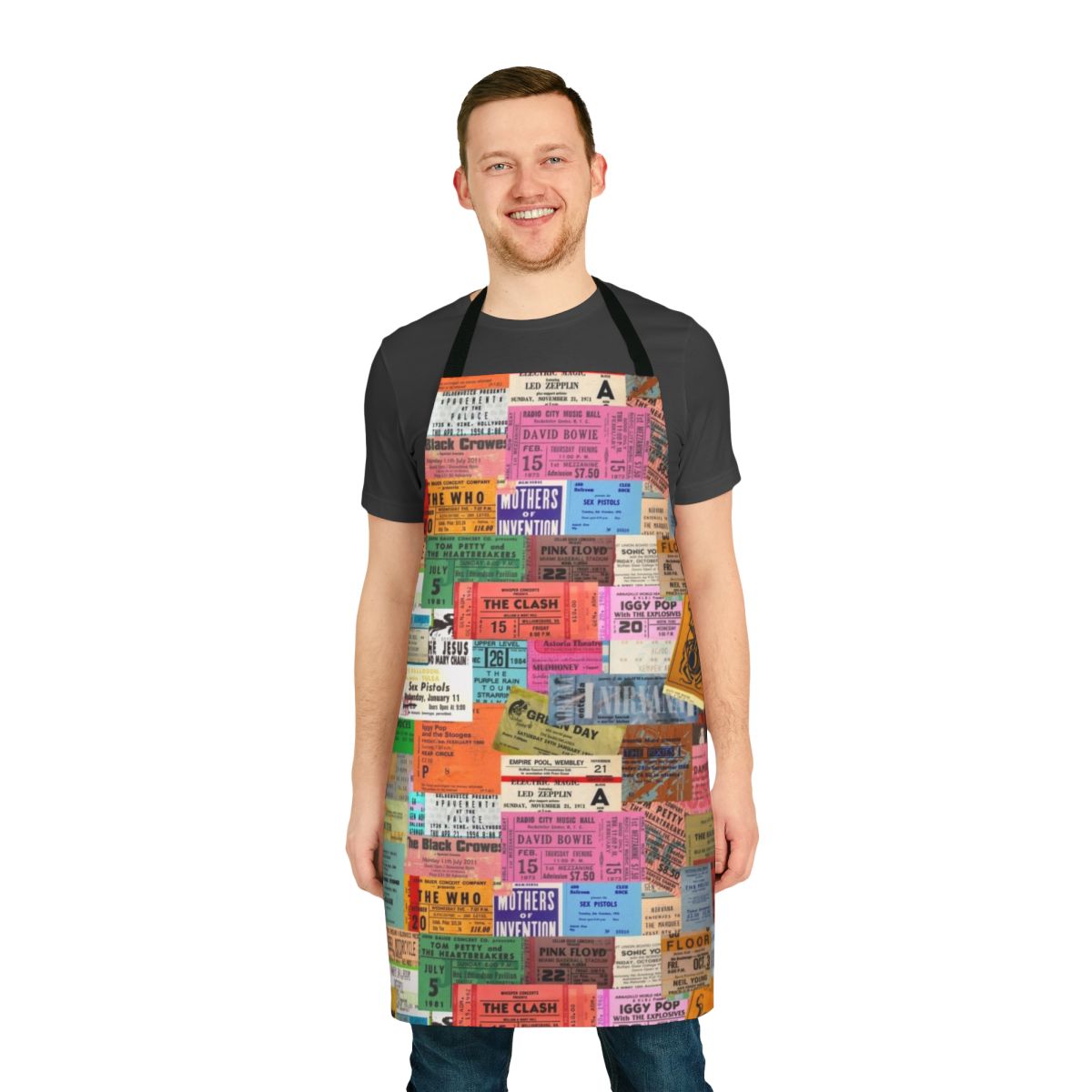 Vintage concert ticket stubs printed on an apron for music fans