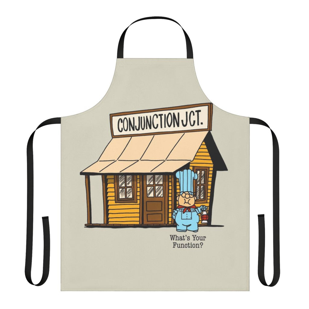 Conjunction Junction inspired apron with train, cartoon, and grammar education graphics