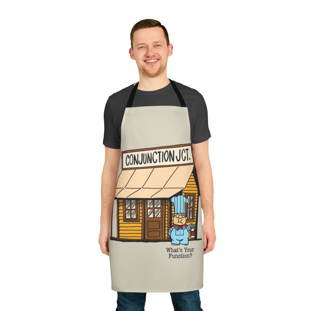 Conjunction Junction inspired apron with train, cartoon, and grammar education graphics