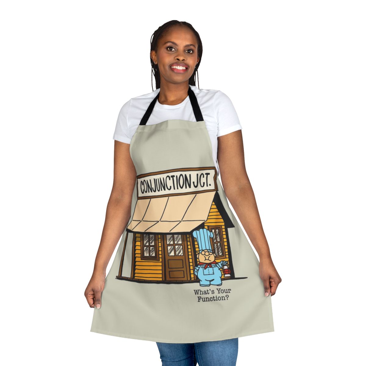 Conjunction Junction inspired apron with train, cartoon, and grammar education graphics