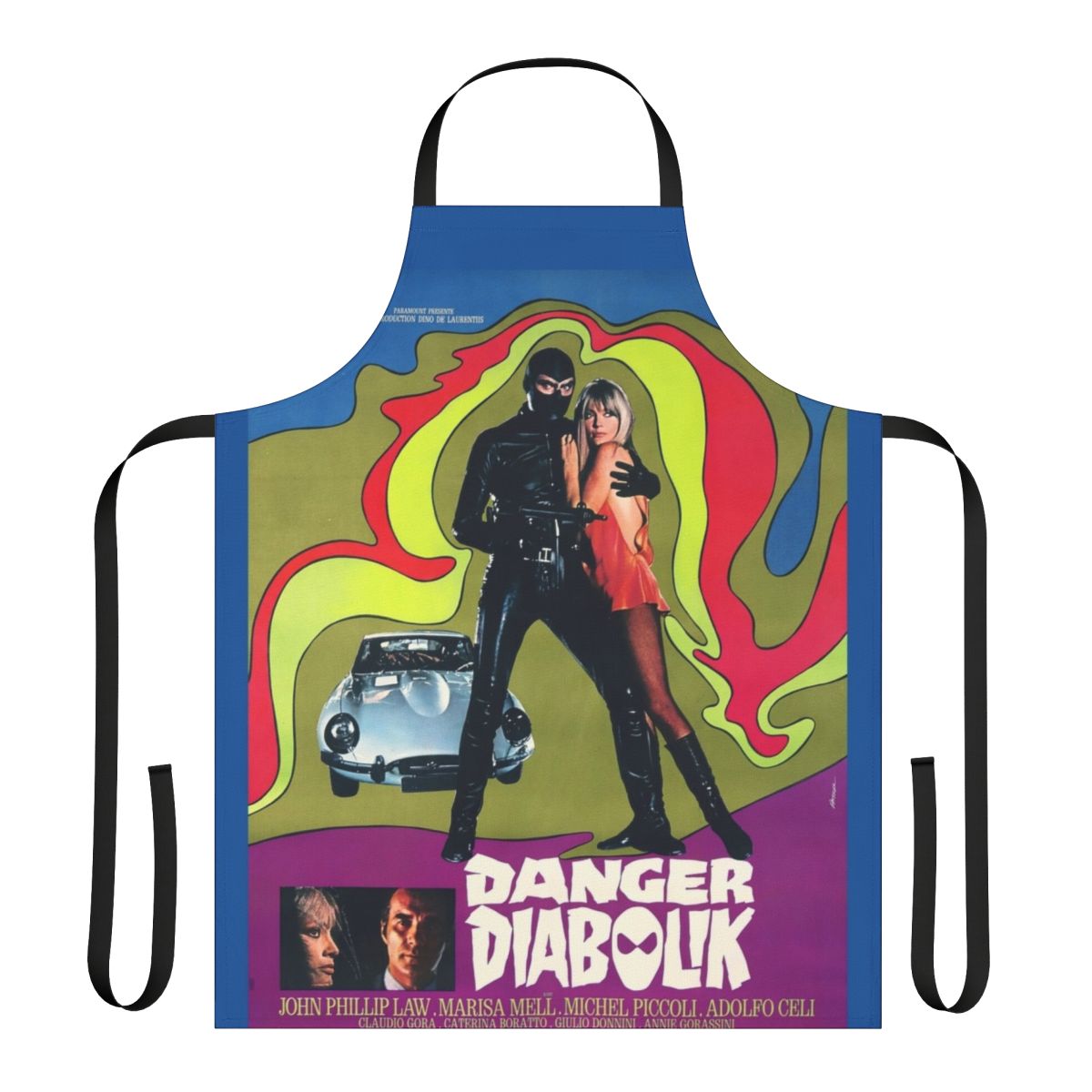 Vintage-style apron featuring the 1960s Italian spy movie "Danger Diabolik" poster artwork