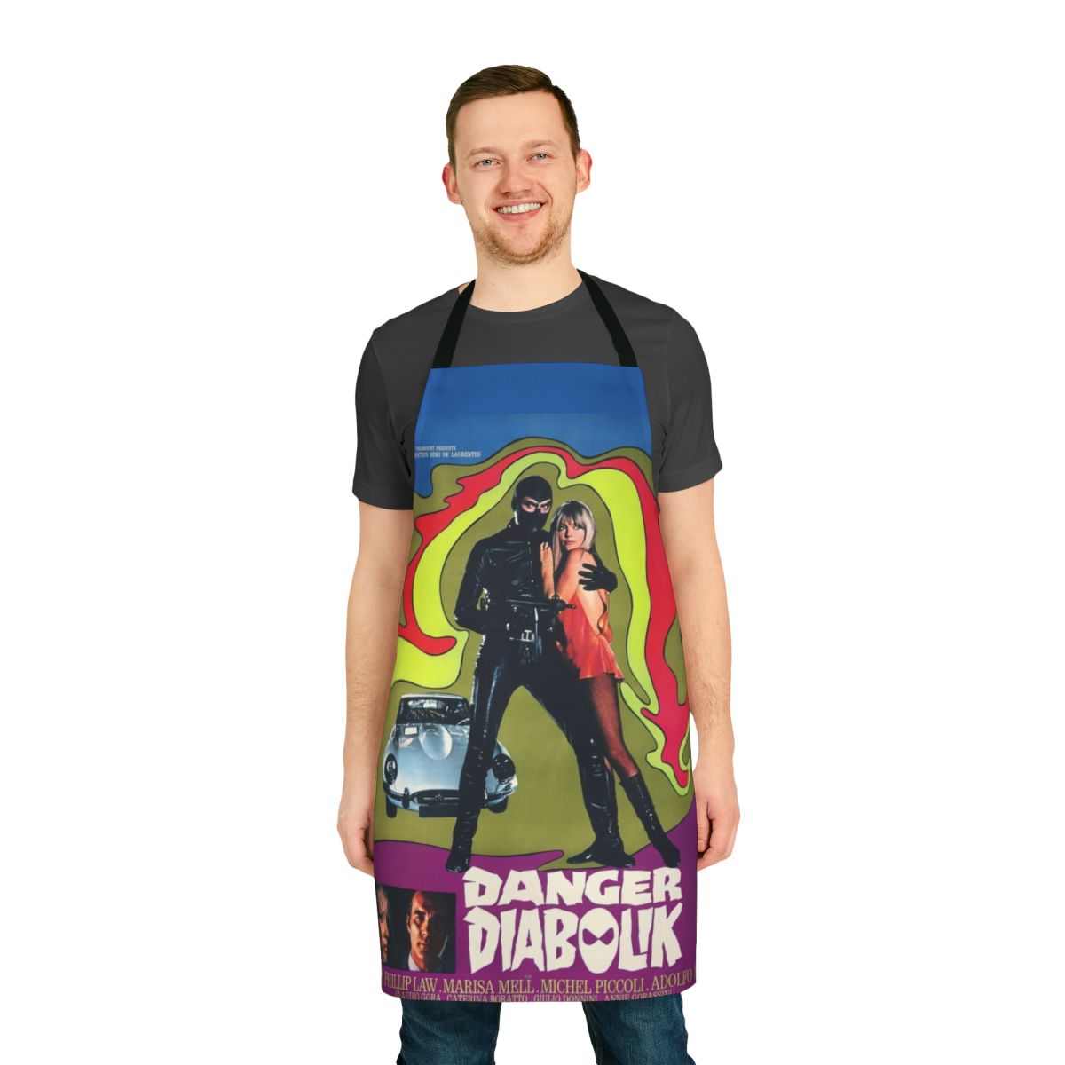 Vintage-style apron featuring the 1960s Italian spy movie "Danger Diabolik" poster artwork