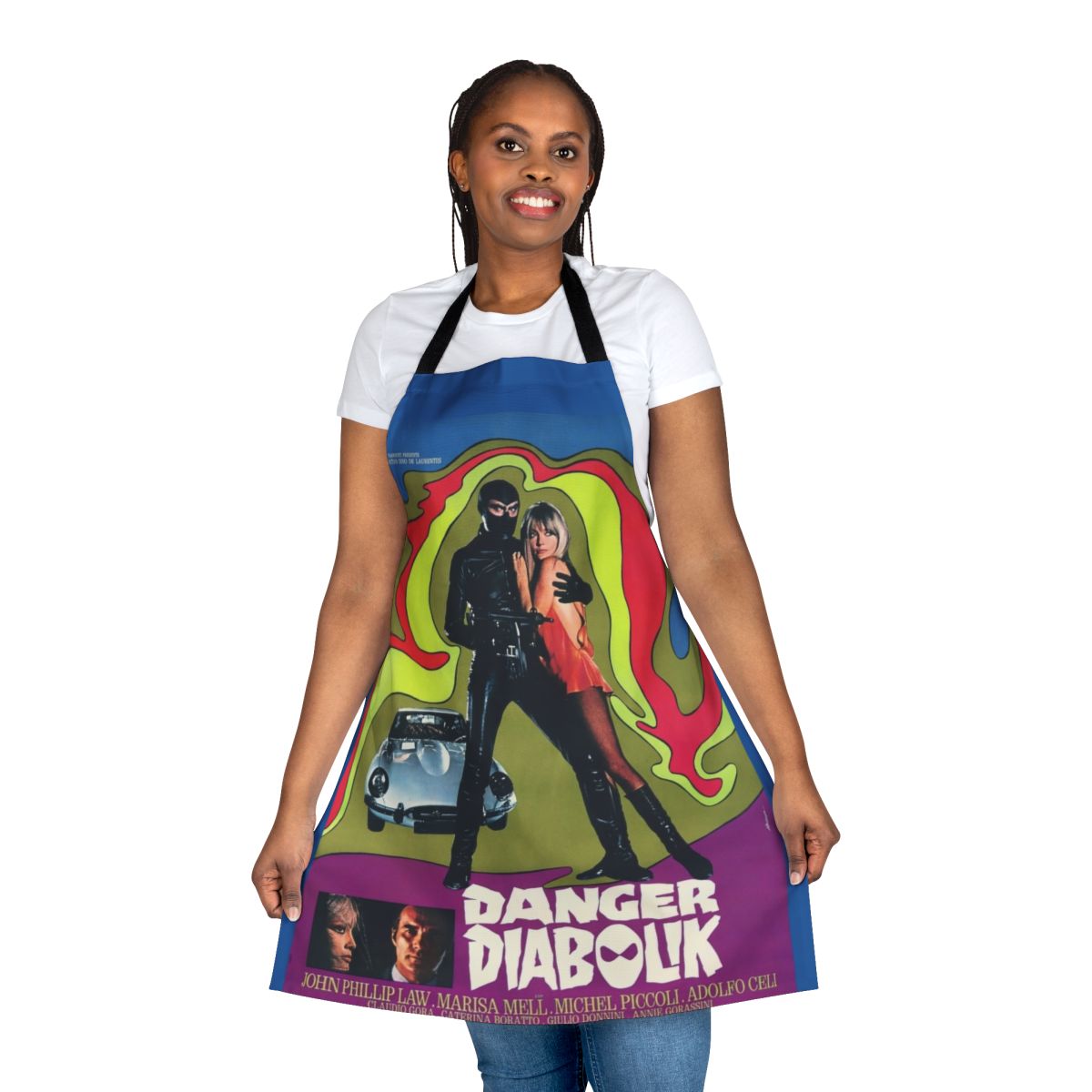Vintage-style apron featuring the 1960s Italian spy movie "Danger Diabolik" poster artwork