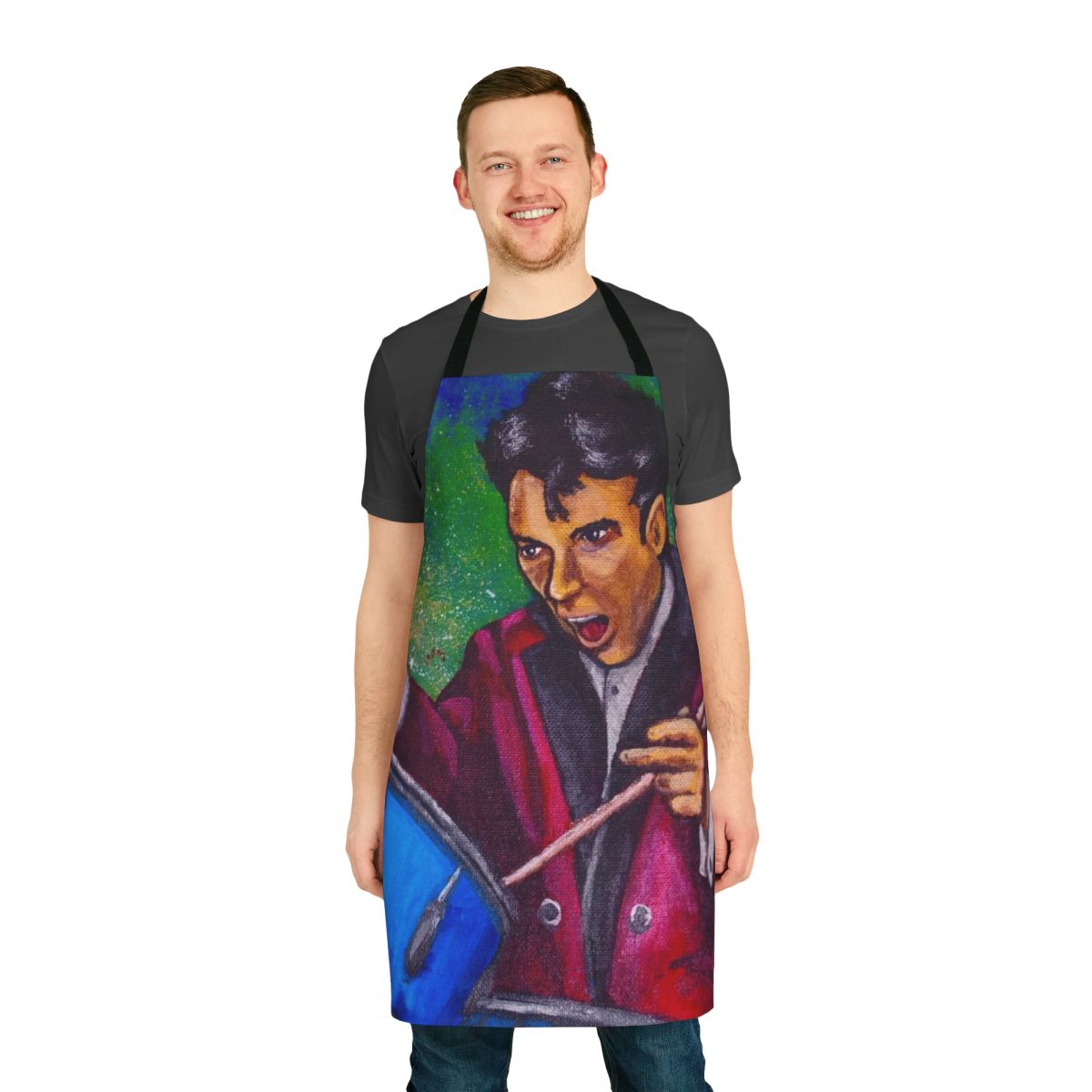 Vintage-style apron featuring a graphic of legendary drummer Gene Krupa