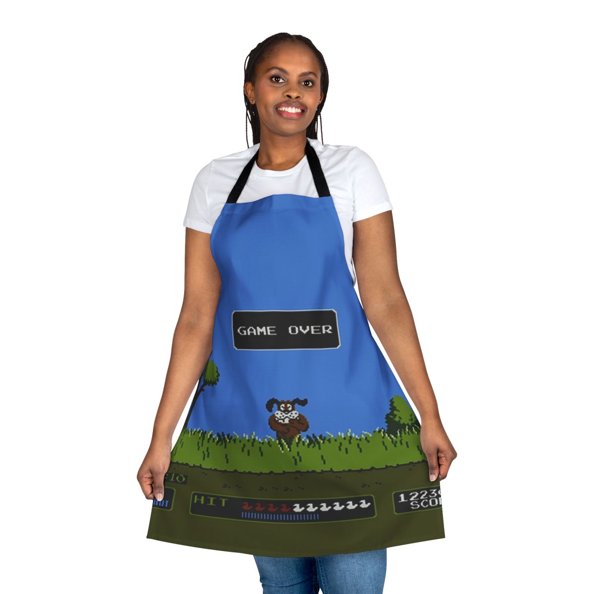 Vintage-style apron featuring the classic Duck Hunt game logo and graphics