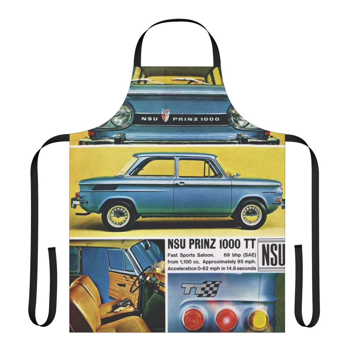 Vintage sports car themed apron featuring a Wankel rotary engine from a 1960s NSU Prinz
