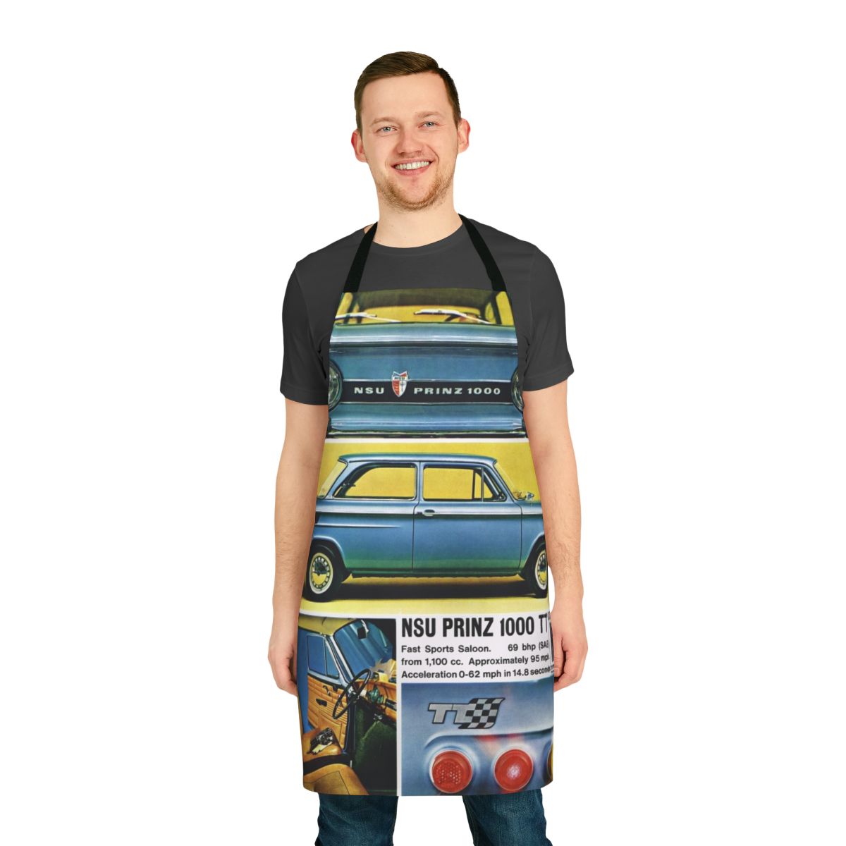 Vintage sports car themed apron featuring a Wankel rotary engine from a 1960s NSU Prinz