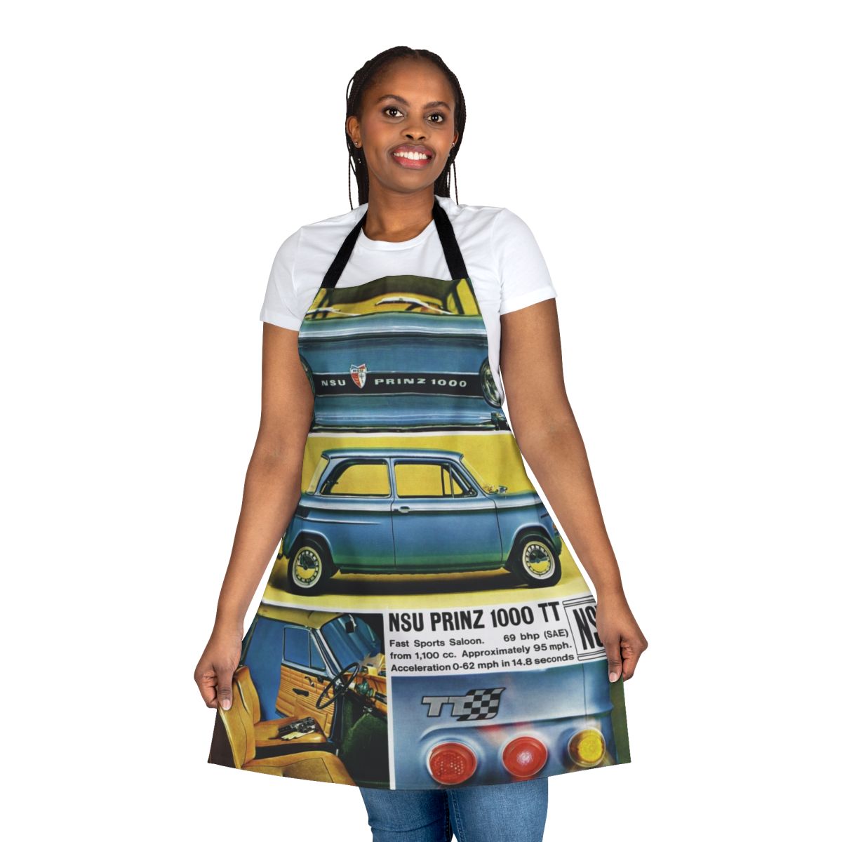 Vintage sports car themed apron featuring a Wankel rotary engine from a 1960s NSU Prinz