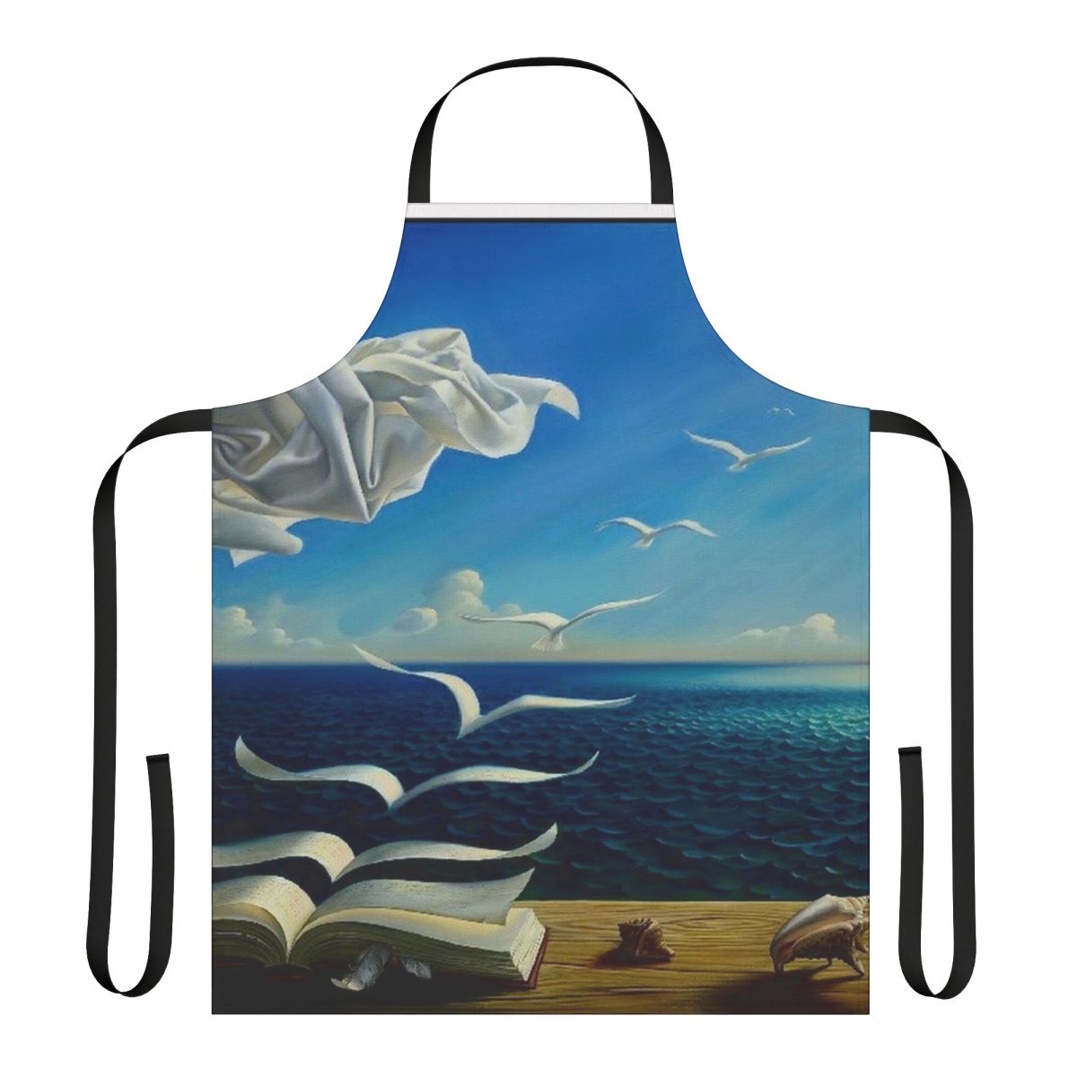 Vintage fantasy surreal print apron featuring birds, books, and other surreal elements