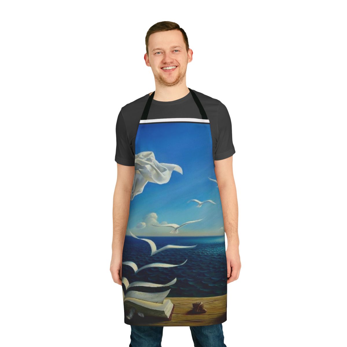 Vintage fantasy surreal print apron featuring birds, books, and other surreal elements