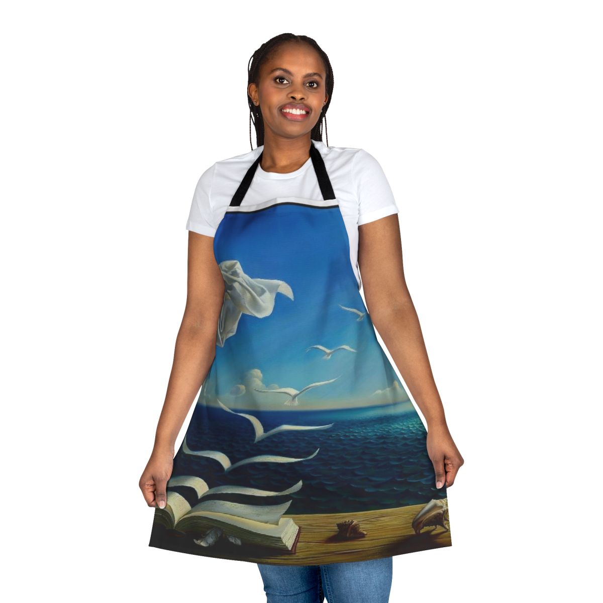 Vintage fantasy surreal print apron featuring birds, books, and other surreal elements