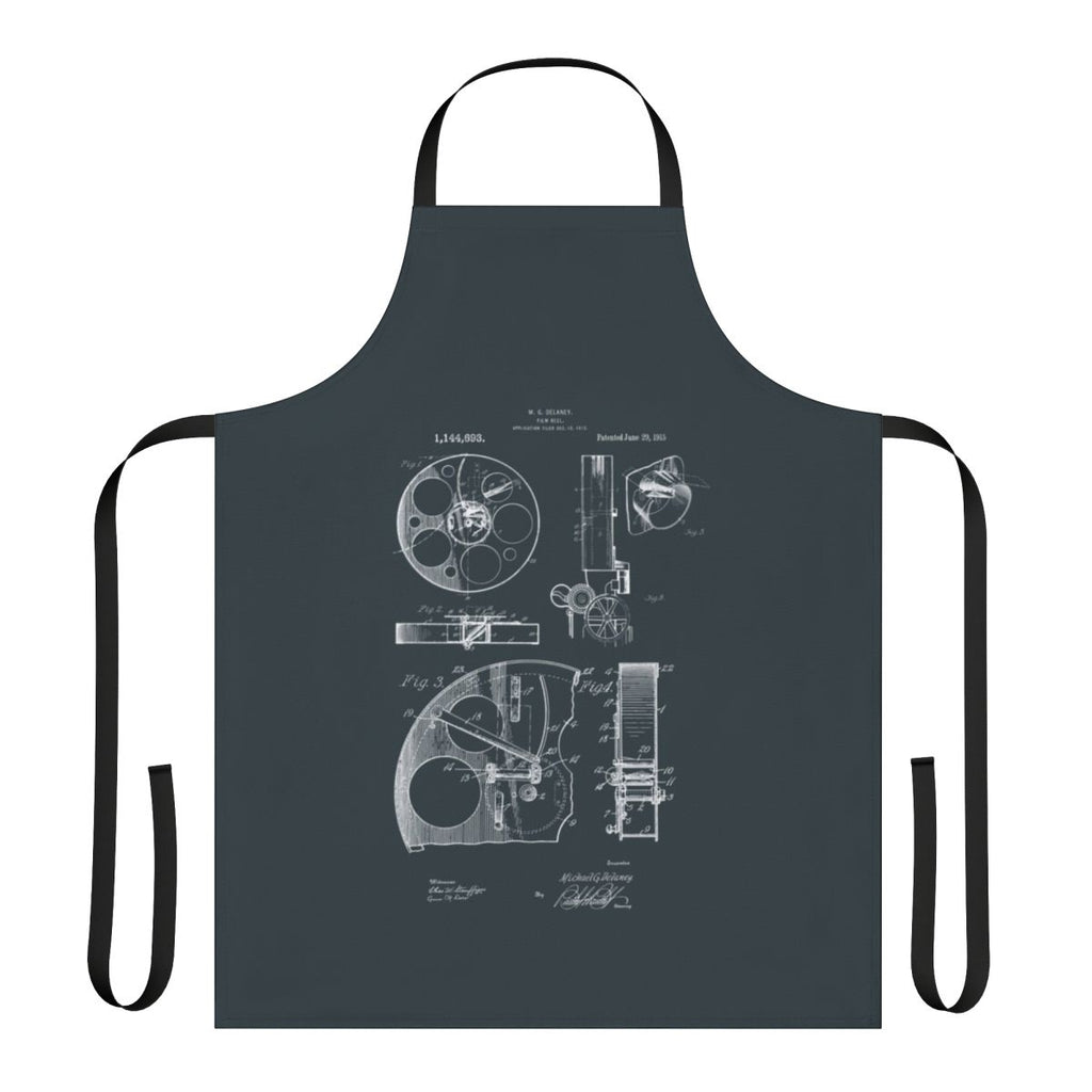 A vintage-inspired apron featuring patent drawings of a 1915 film reel camera.
