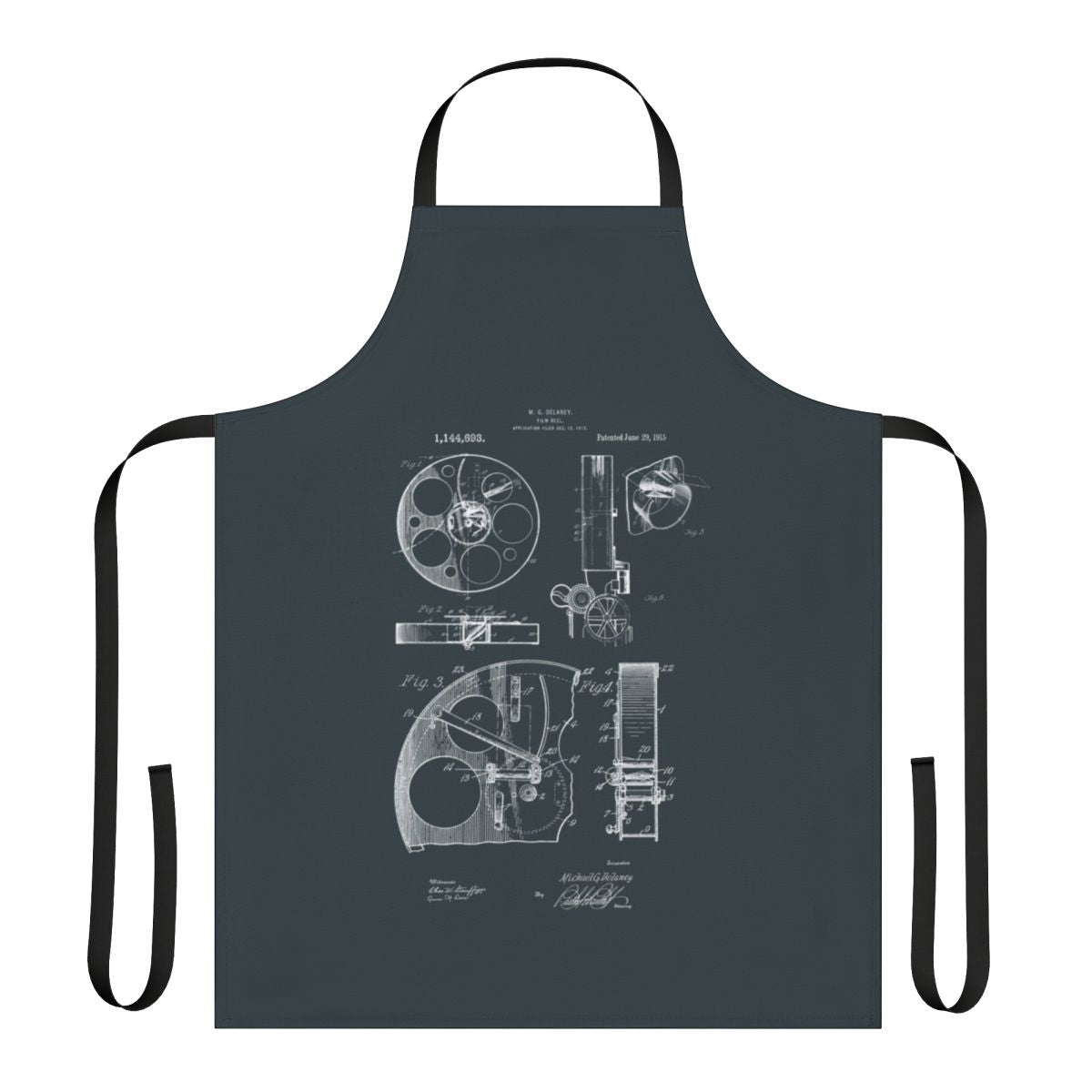 A vintage-inspired apron featuring patent drawings of a 1915 film reel camera.