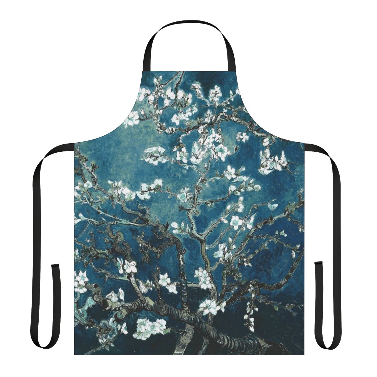 Vintage-inspired floral apron in deep teal, featuring an impressionist-style almond blossom design