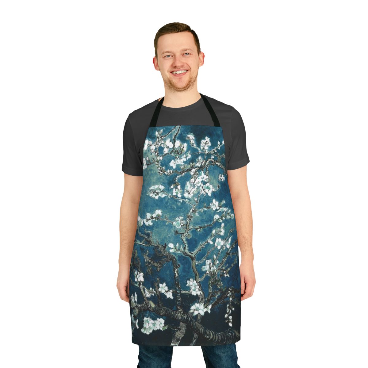 Vintage-inspired floral apron in deep teal, featuring an impressionist-style almond blossom design